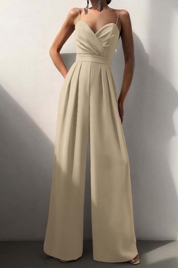 Cocoslly Chic Lilac Sweetheart Spaghetti Strap Sleeveless Pleated Long Wid-Leg Jumpsuit