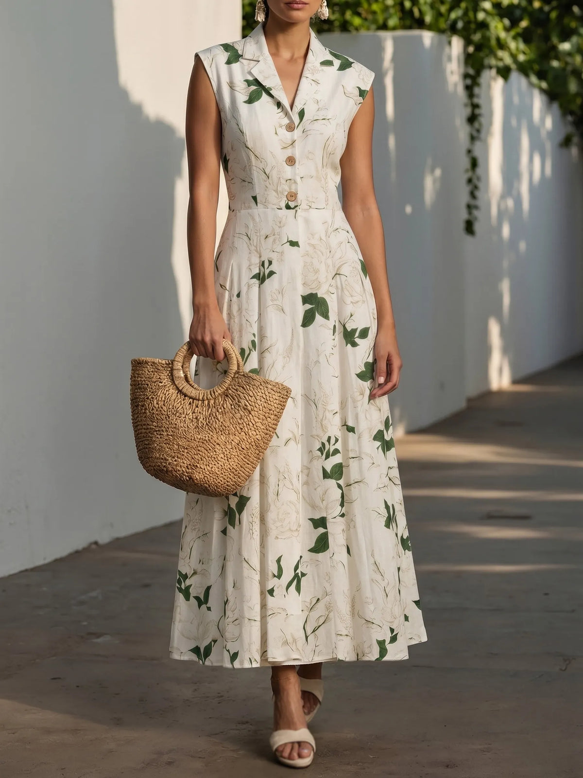 Maxi Cotton Dress, Cap Sleeves, Shawl Collar, Floral, Pocket Design, Vintage, White