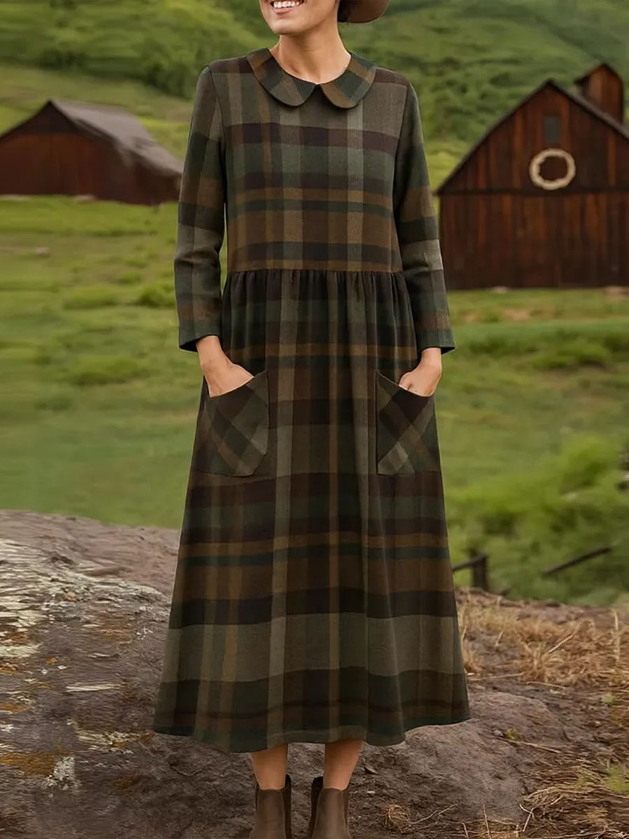 Women's Plaid Print Peter Pan Collar Long Sleeve Casual Loose Dress