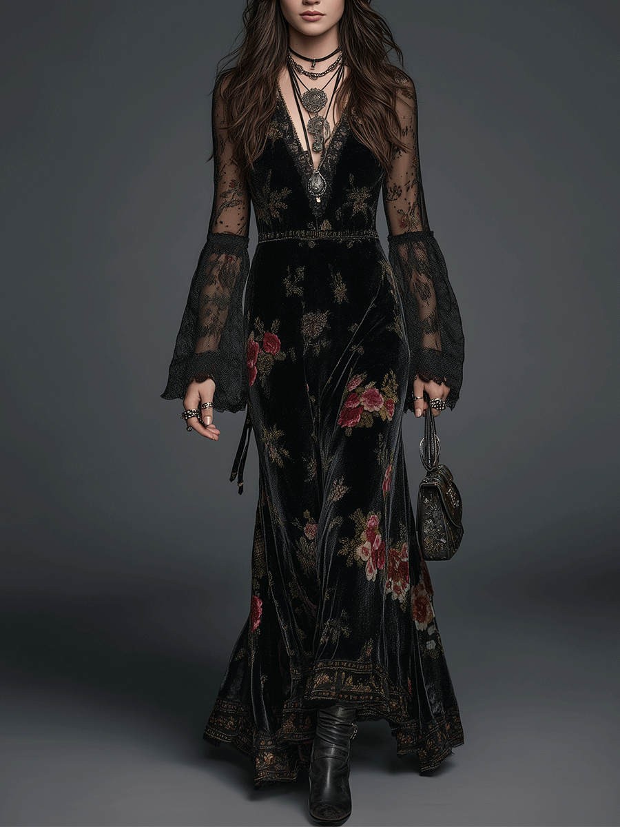 Vintage Black Velvet Floral Lace Sleeve Maxi Dress