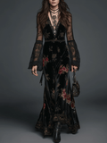Vintage Black Velvet Floral Lace Sleeve Maxi Dress