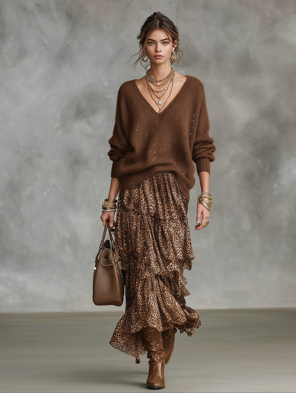 Oversized V-Neck Sweater & Leopard Print Tiered Ruffle Maxi Skirt Set