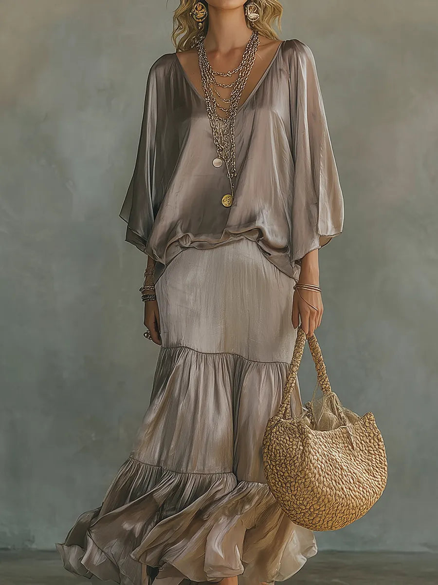 Soft Gray Flowing Ruffle Skirt Set