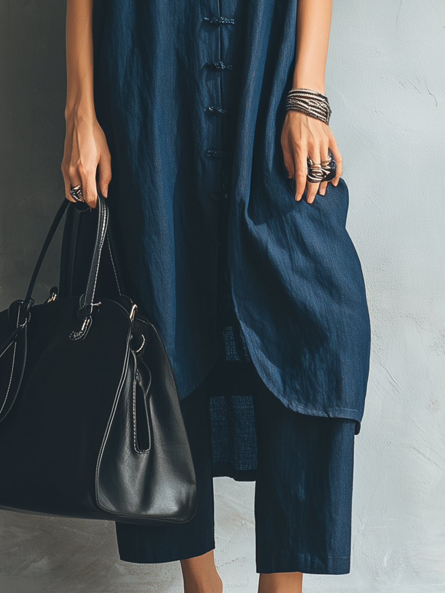 Cultural Frog-Button Mandarin Collar Linen Tunic Set