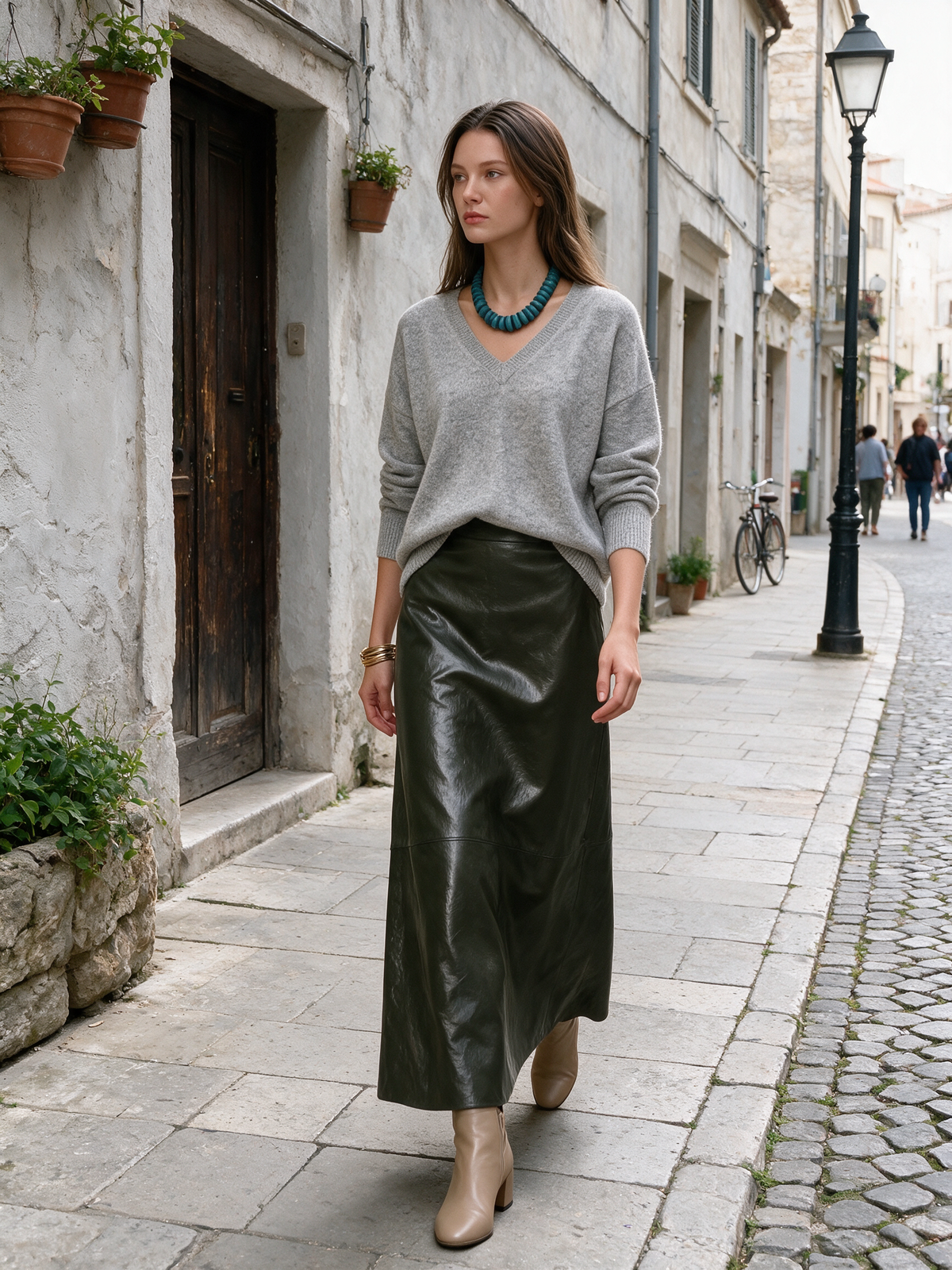 Grey V-Neck Sweater & Olive Maxi Skirt Set