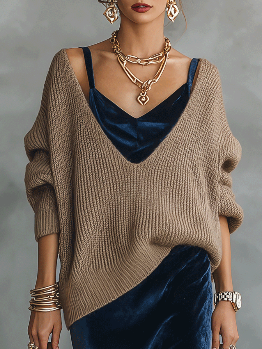 Layered Velvet Cowl Neck Slip Dress with Oversized Knit Sweater Set