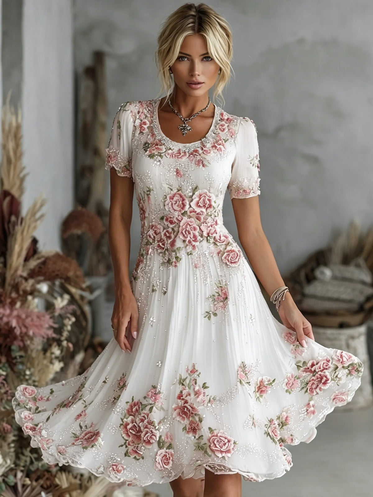 Women's Vintage Floral Art Pattern Crew Neck Short Sleeve Linen Maxi Dress