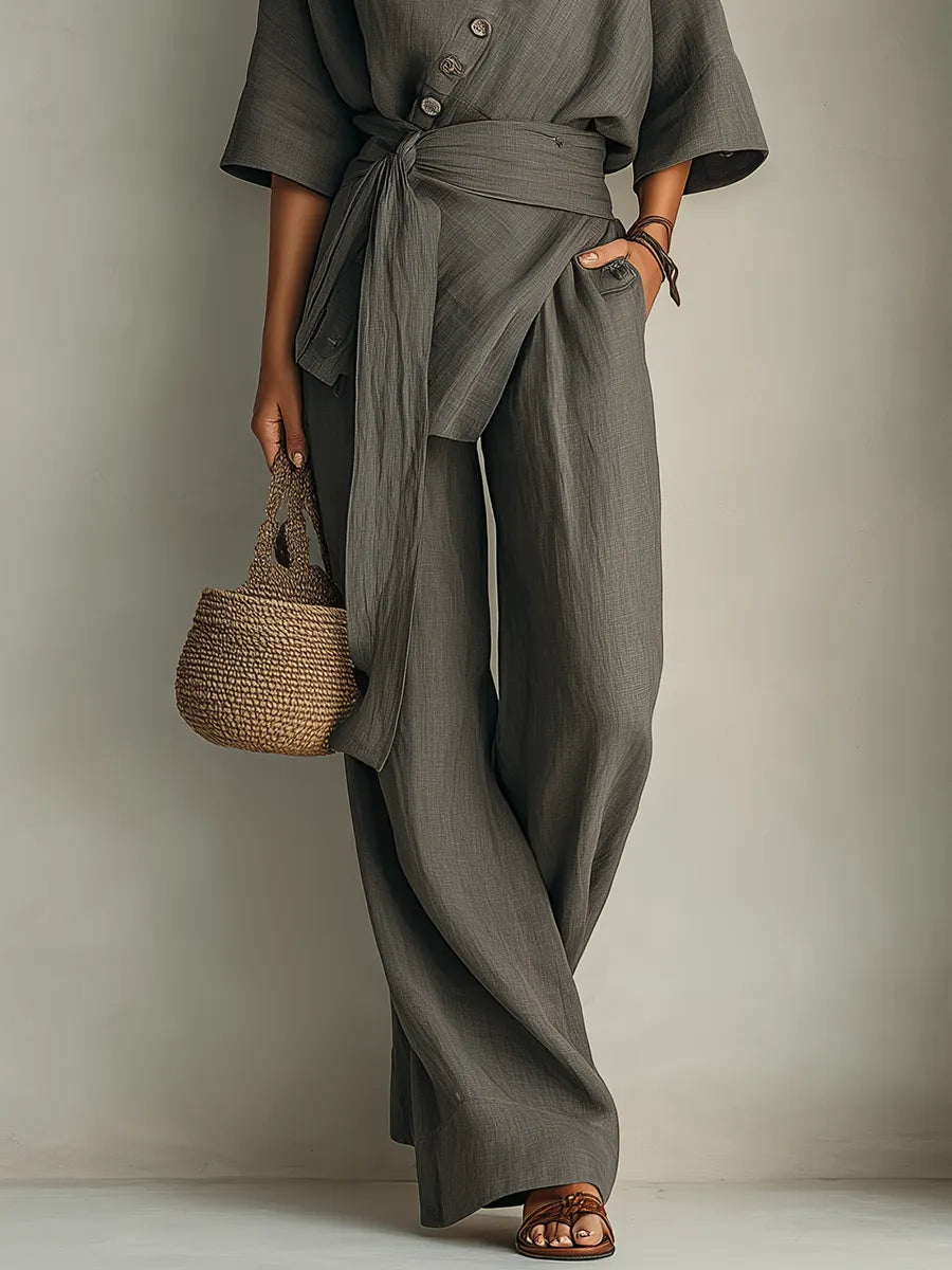 Coastal Minimal Textured Linen Two-Piece Pants Set