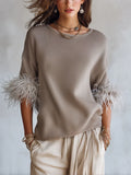 Elegant Taupe Knit Feather Cuff Relaxed Top