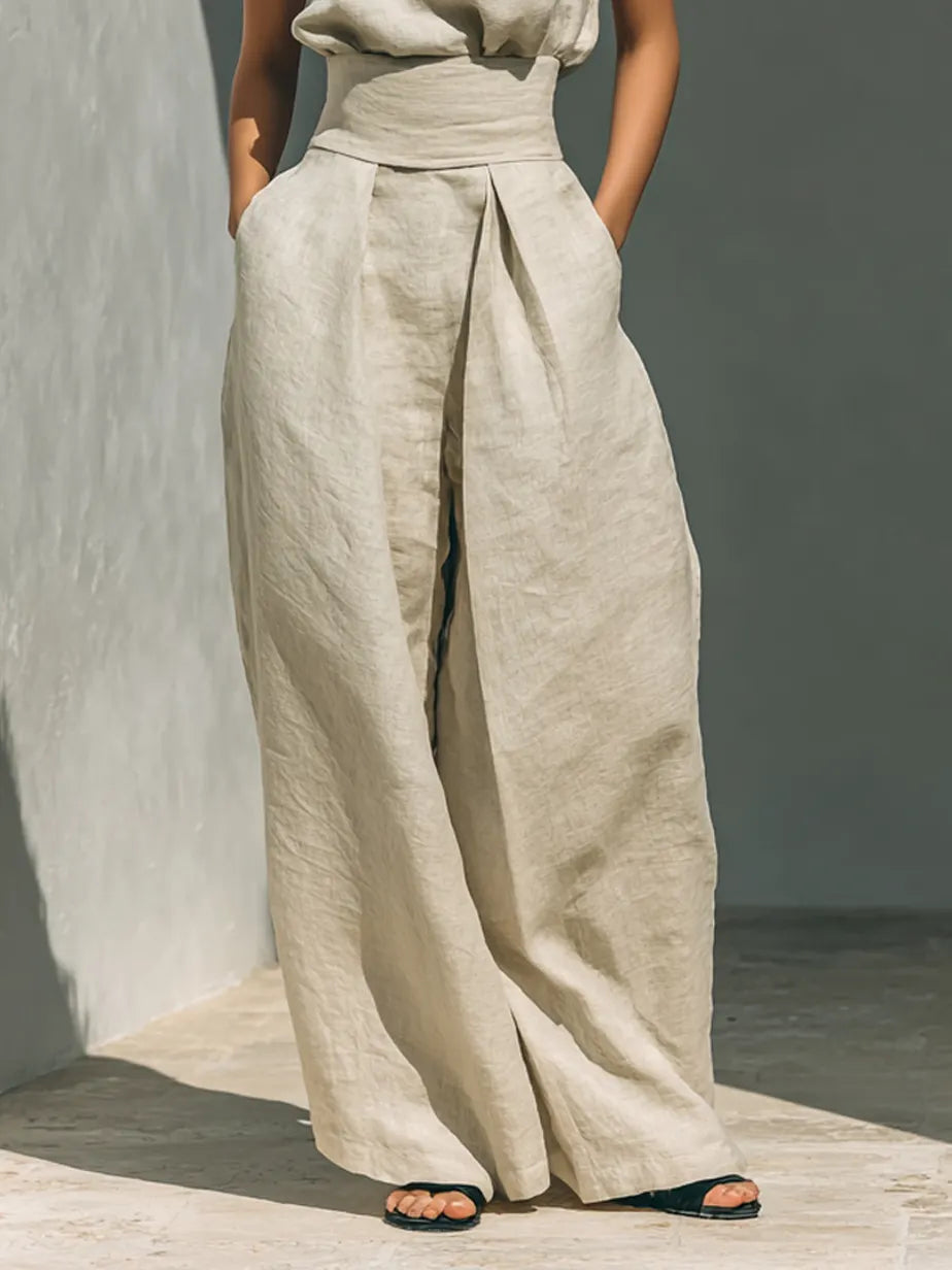 Elegant stand-collar shirt and wide-leg pants two-piece set
