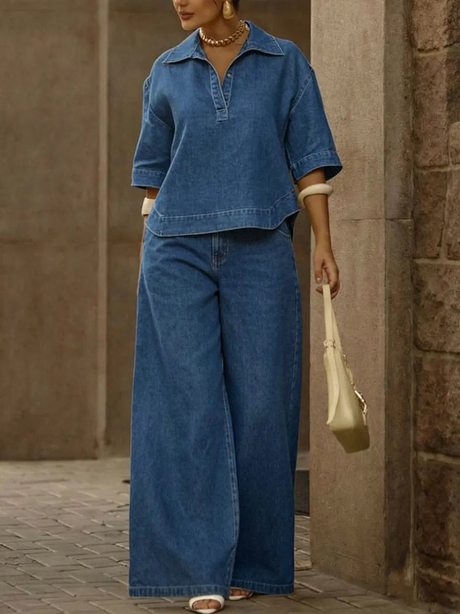 Women's Casual 100% Cotton Denim Top And Wide-leg Pants Two-piece Set