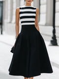 Chic Striped Sleeveless Midi Dress With Pockets