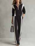 Modern Black Color Block Half-Zip Lounge Set