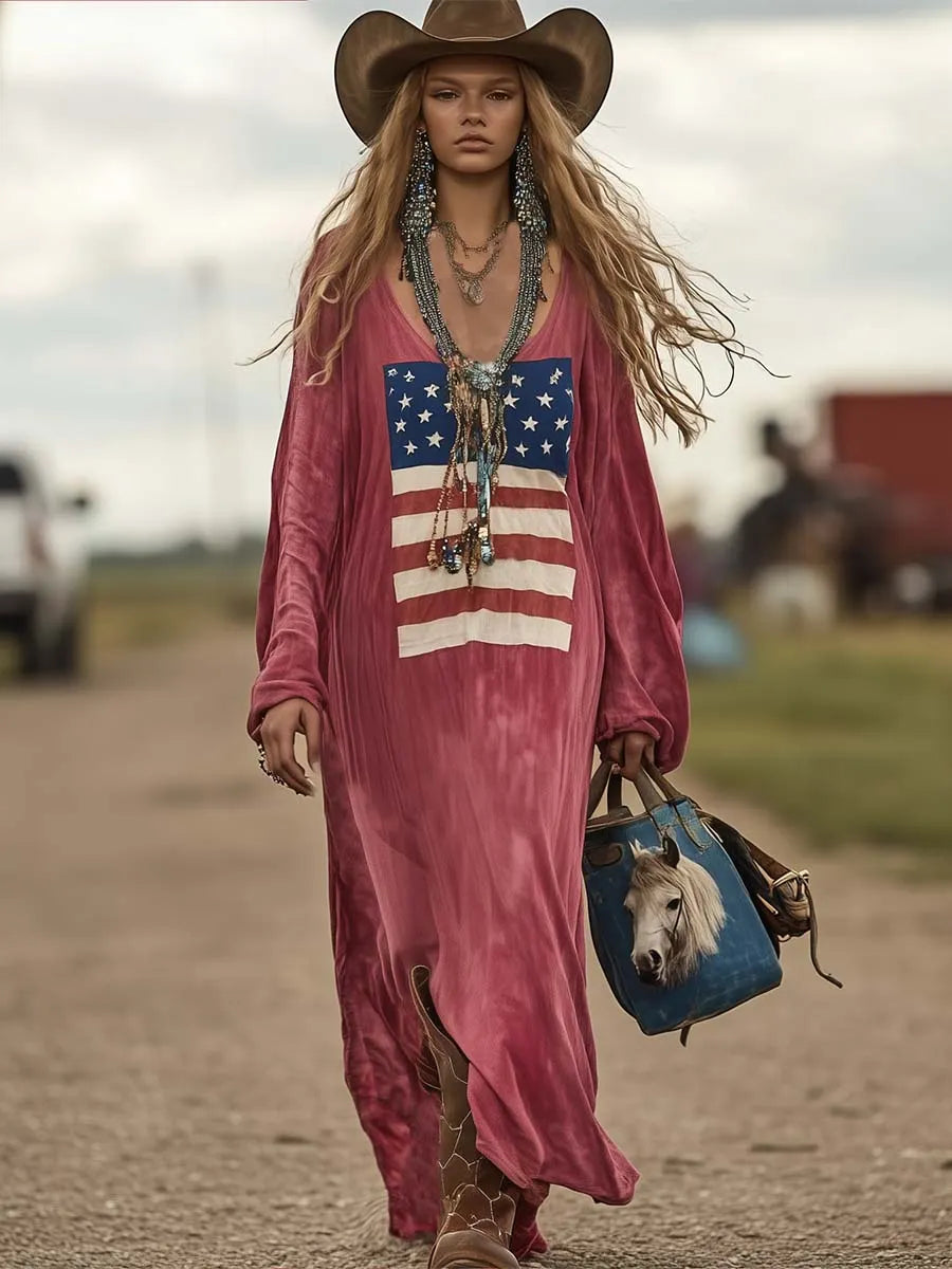 Vintage Casual Western Long Sleeve Flag Print Pink Cotton Loose Maxi Dress