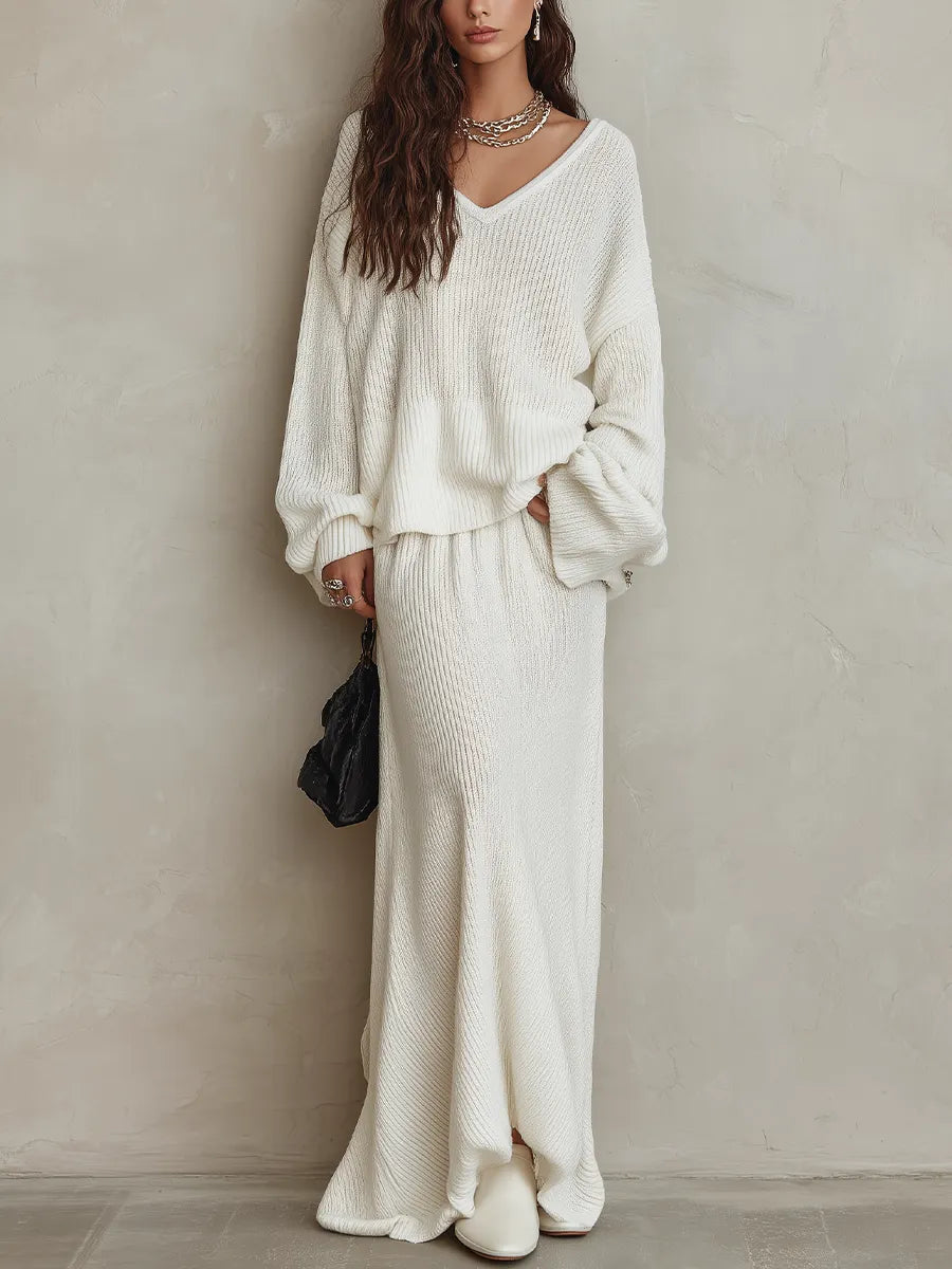 Bohemian White Knit Top And Fishtail Skirt Set