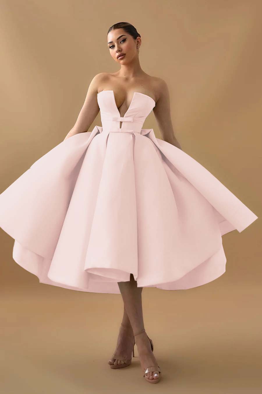 Cocoslly Chic Deep V Neck Strapless Sleeveless A-Line Homecoming Dress With Ruffles And Bow-knot | Mint Green Satin HC0078