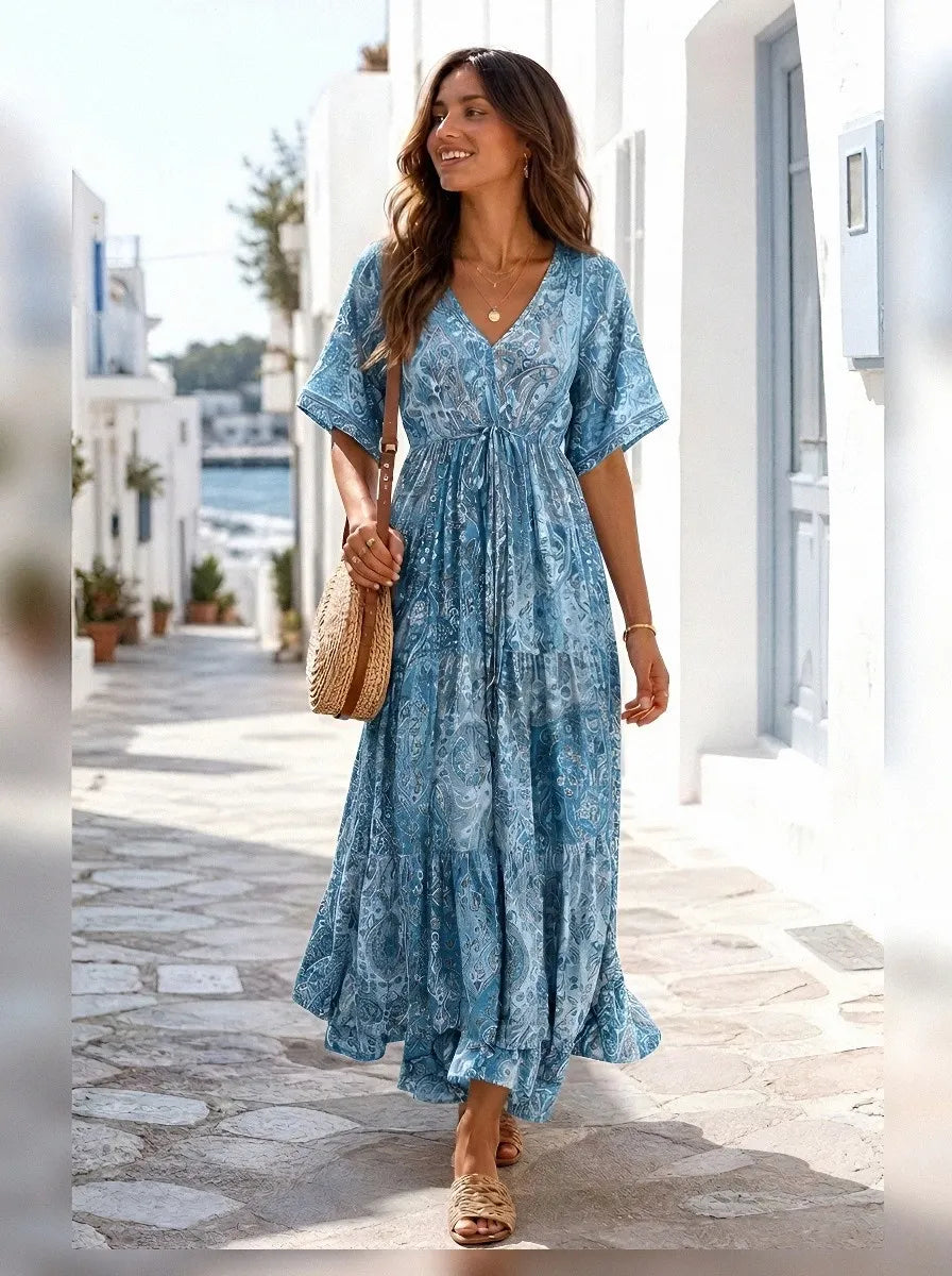 Women's Bohemian V-Neck Paisley Floral Printed Maxi Dress