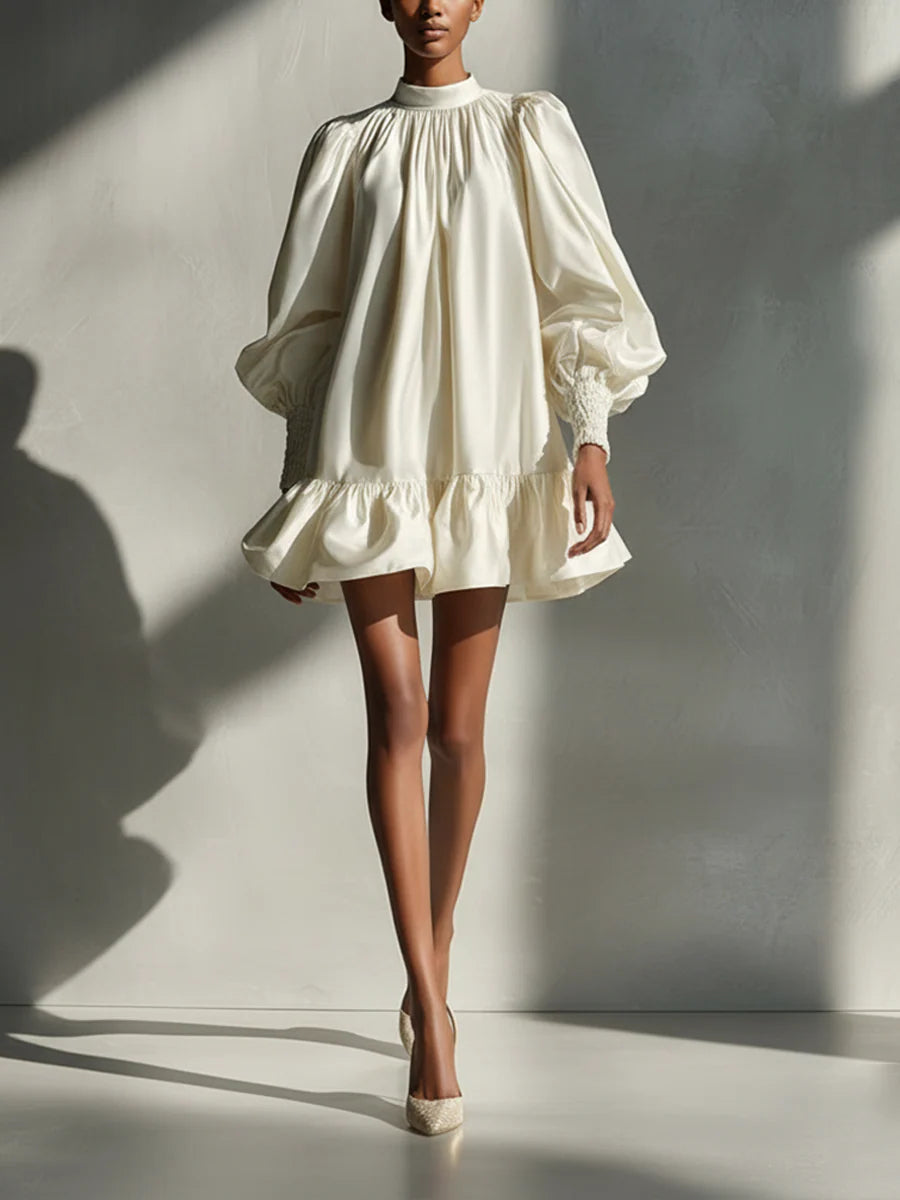 Beige Satin Puff Sleeve Ruffle Mini Dress