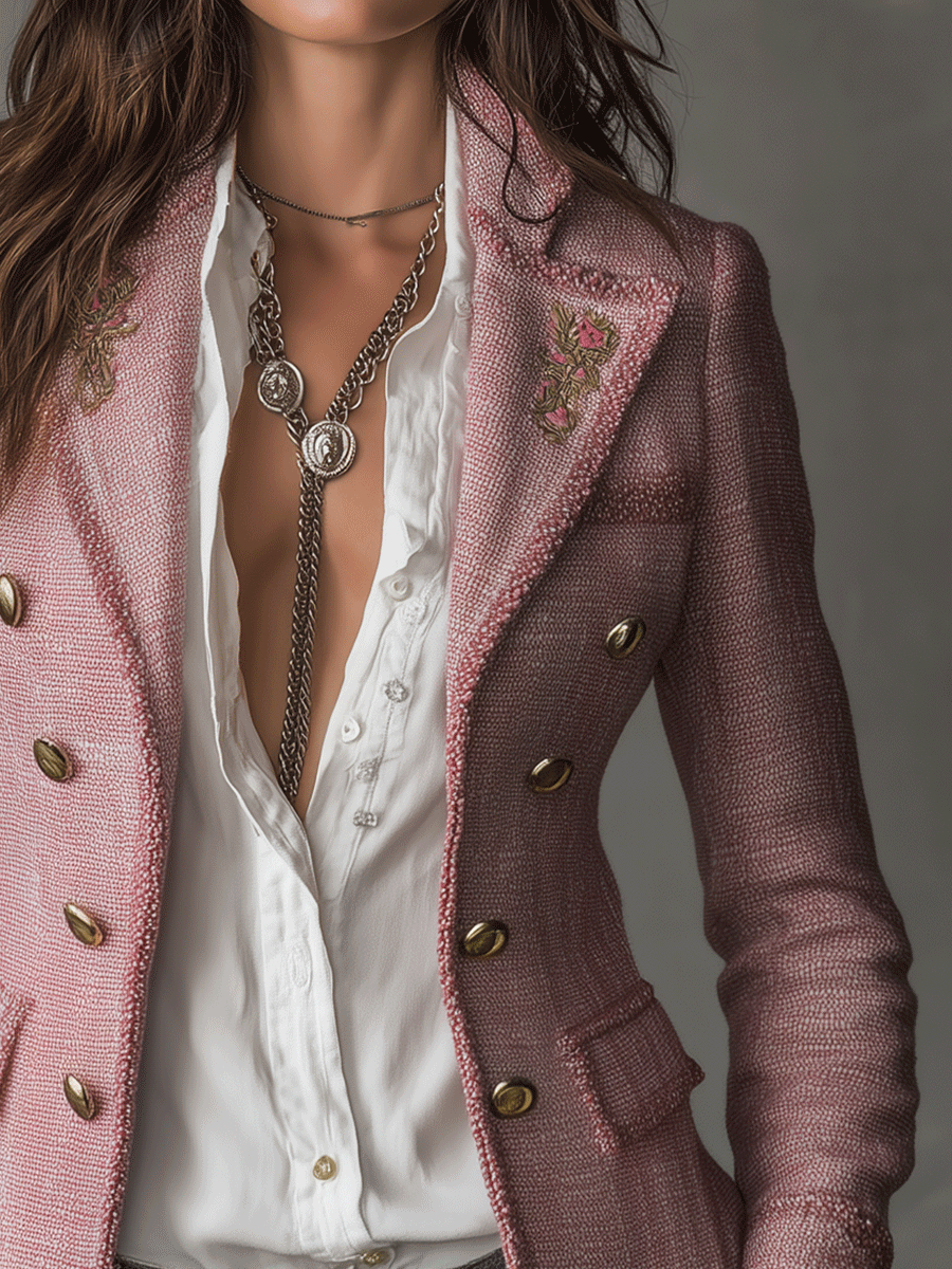 Romantic Dusty Rose Tweed Double-Breasted Blazer