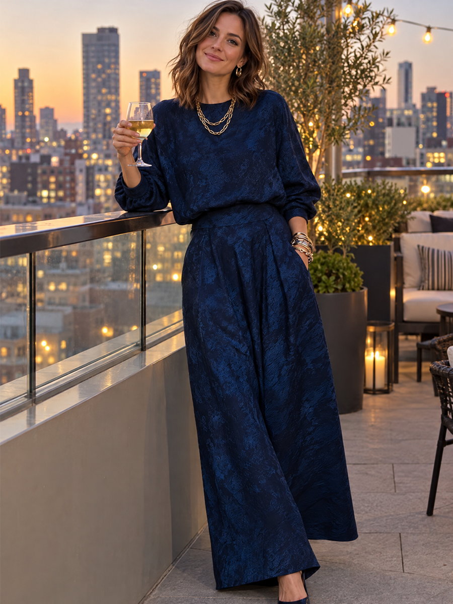 Navy Blue Textured Lantern Sleeve Top And Skirt Set