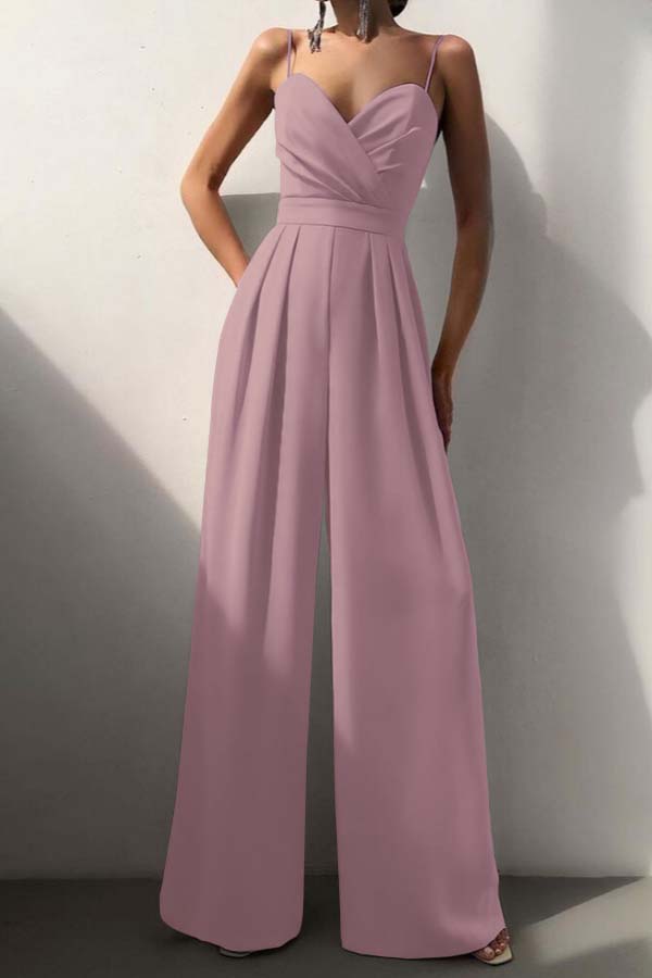 Cocoslly Chic Lilac Sweetheart Spaghetti Strap Sleeveless Pleated Long Wid-Leg Jumpsuit