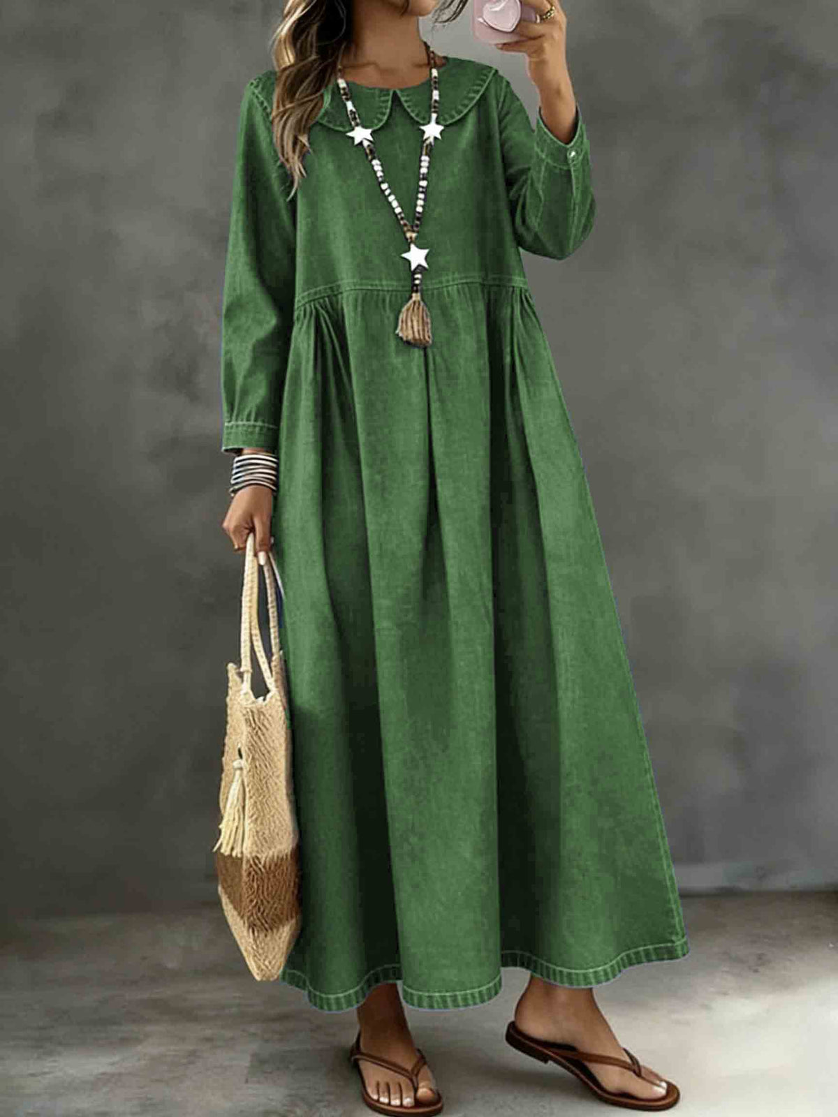 Long Sleeved Lotus leaf collar  Loose Denim Dress