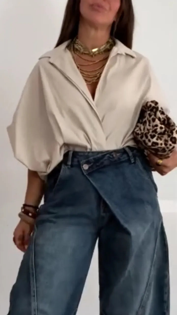 Asymmetrical Wrap Waist Baggy Wide‐Leg J+ Top Seteans