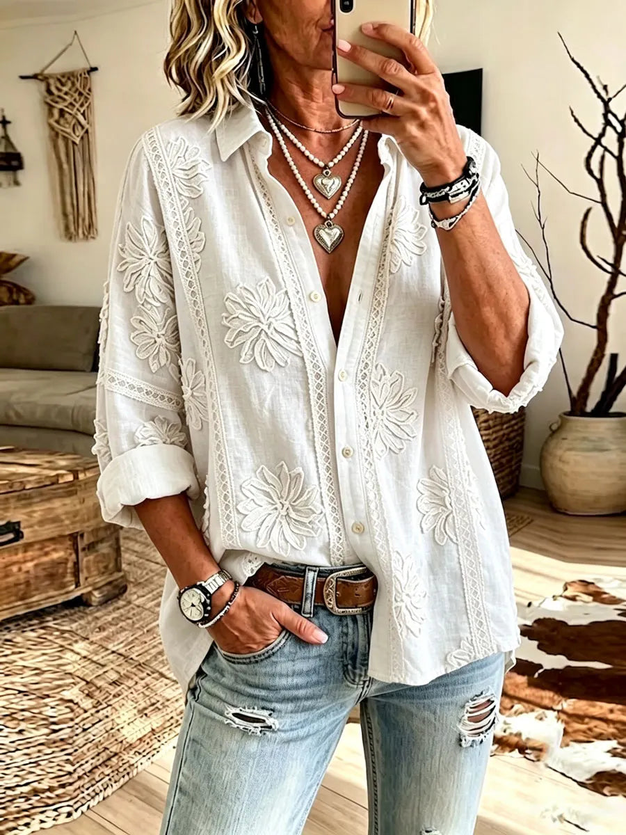 Women'S Cotton Linen Flower Casual Long Sleeve Shirt