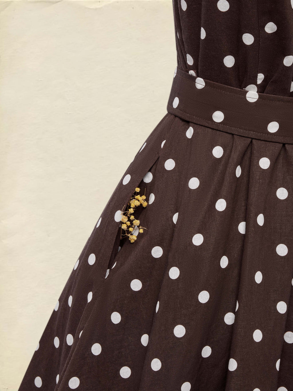 Maxi Linen Dress, Long Sleeves, V Neck, Polka Dots, Belt Design, French Vintage, Coffee