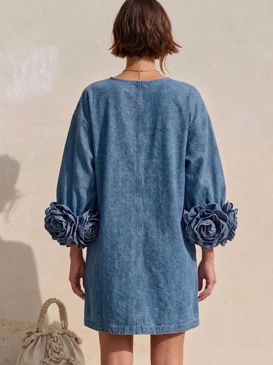 3d Floral Cuff V‐neck Loose Denim Mini Dress