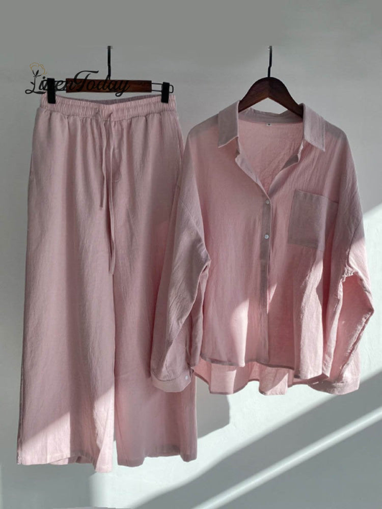 Women's Solid Color Loose Elegant High Waist Casual Cotton And Linen Suit