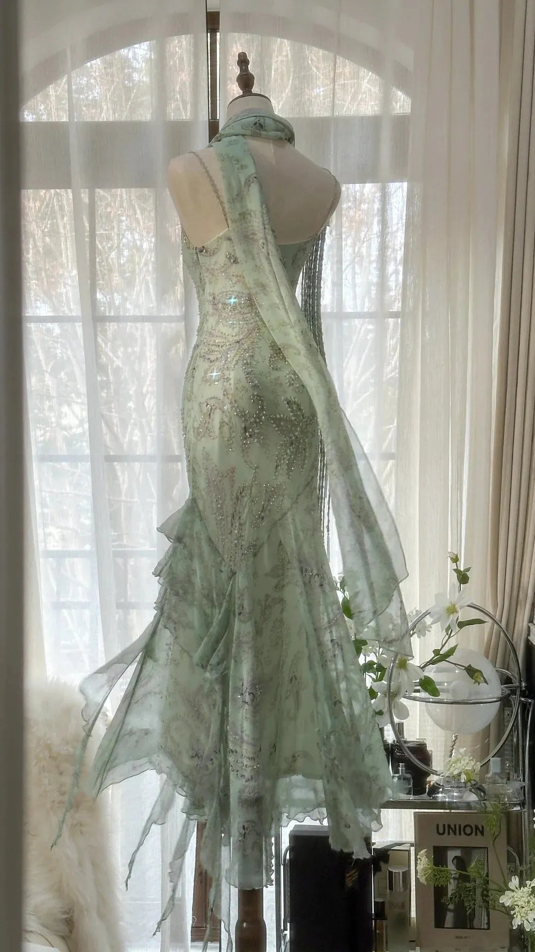Mint Green Romantic Fashion Elegant Exquisite Beading Spaetti Straps Long Tulle Chiffon Ruffle Ball Gown Evening Dress Party Dress 4058