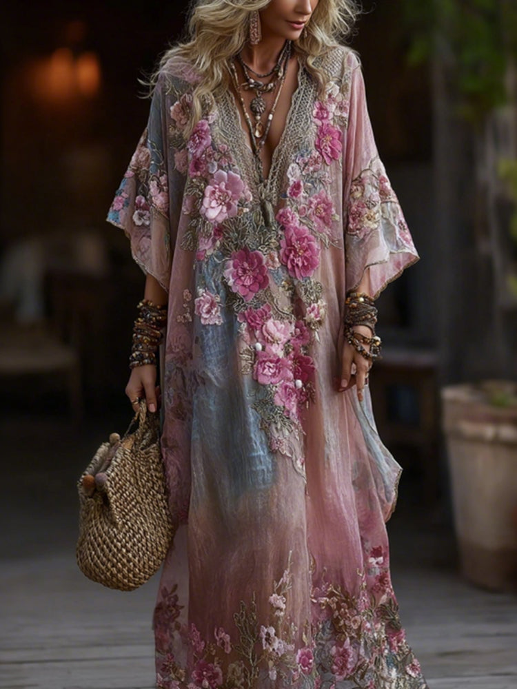 Vintage Boho Roses Embroidered Art Gradient V Neck Maxi Dress