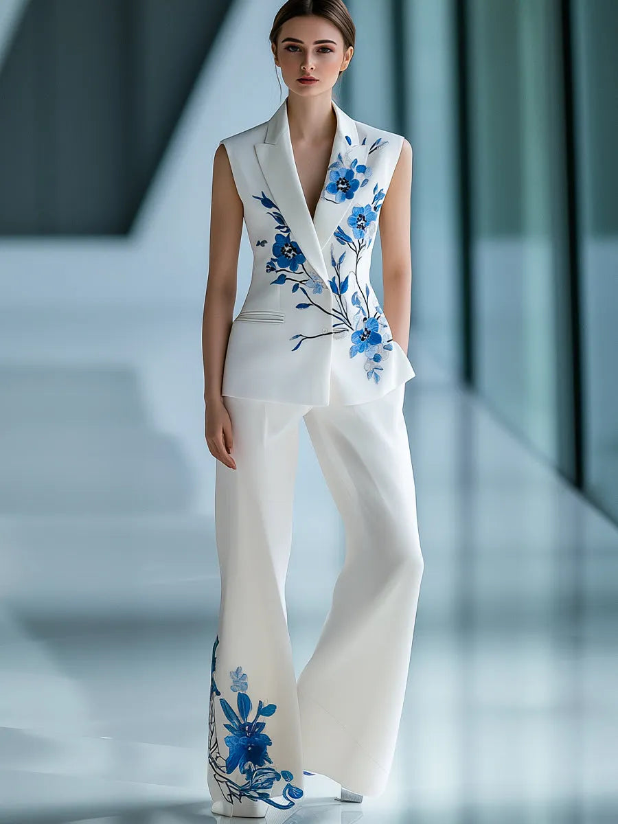 Urban Sleeveless Floral Printed Blazer and Trousers Set