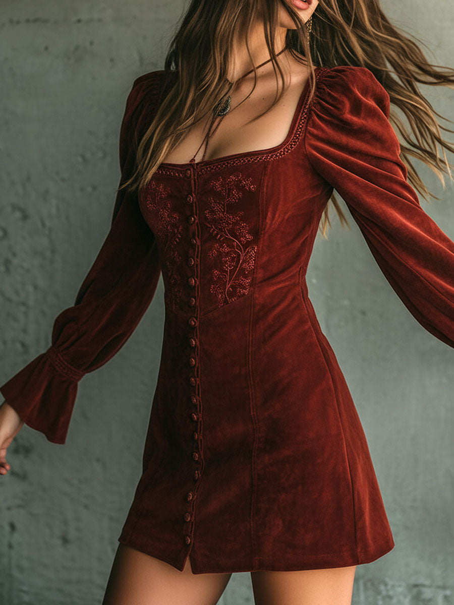 Vintage Rust Red Square Neck Embroidered Button-Front Mini Dress
