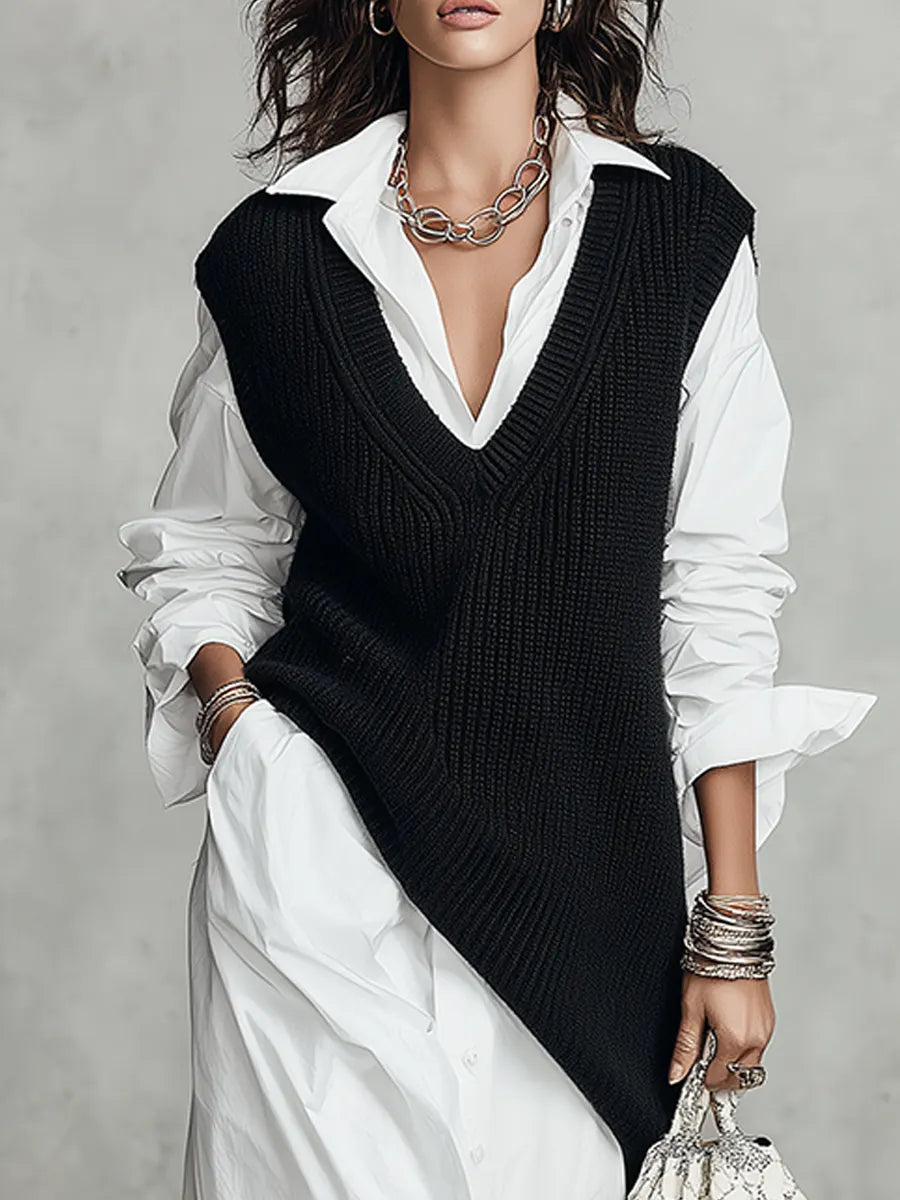 Casual Knitted Vest Layered Over A Shirt Dress