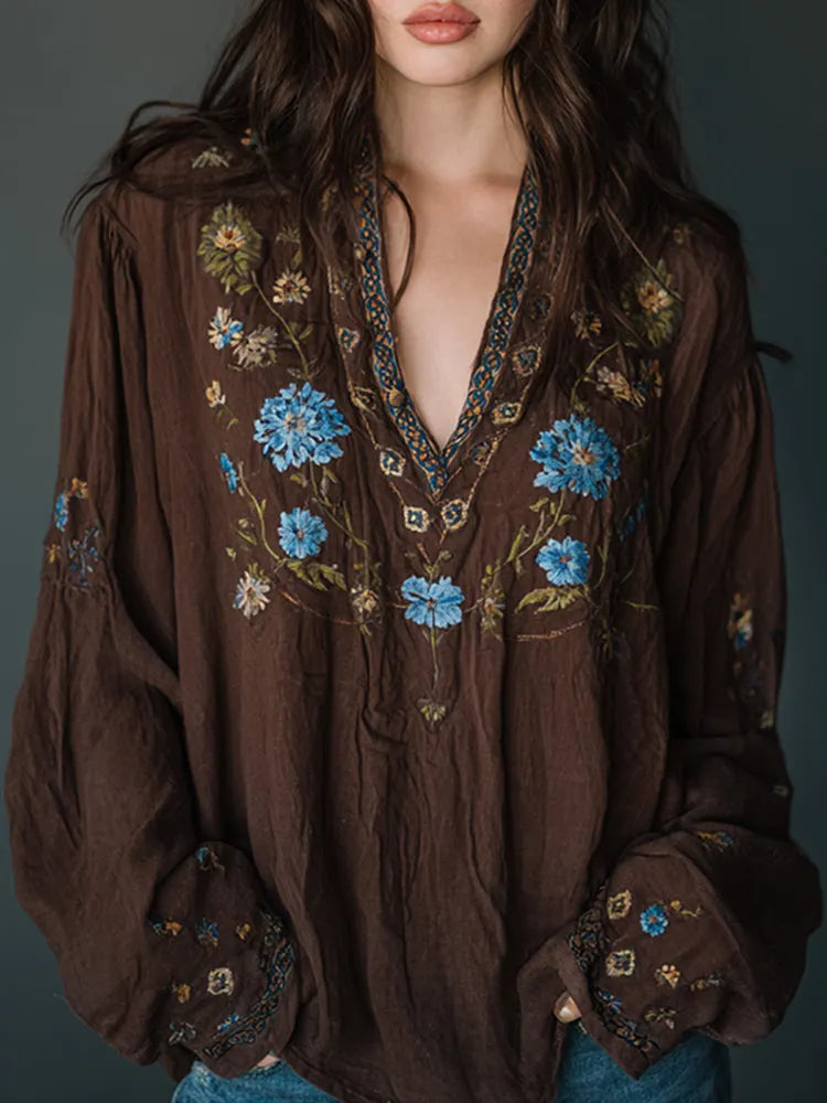 Women's Boho Floral Embroidered Art Print Flowy Linen Blend Casual Tops
