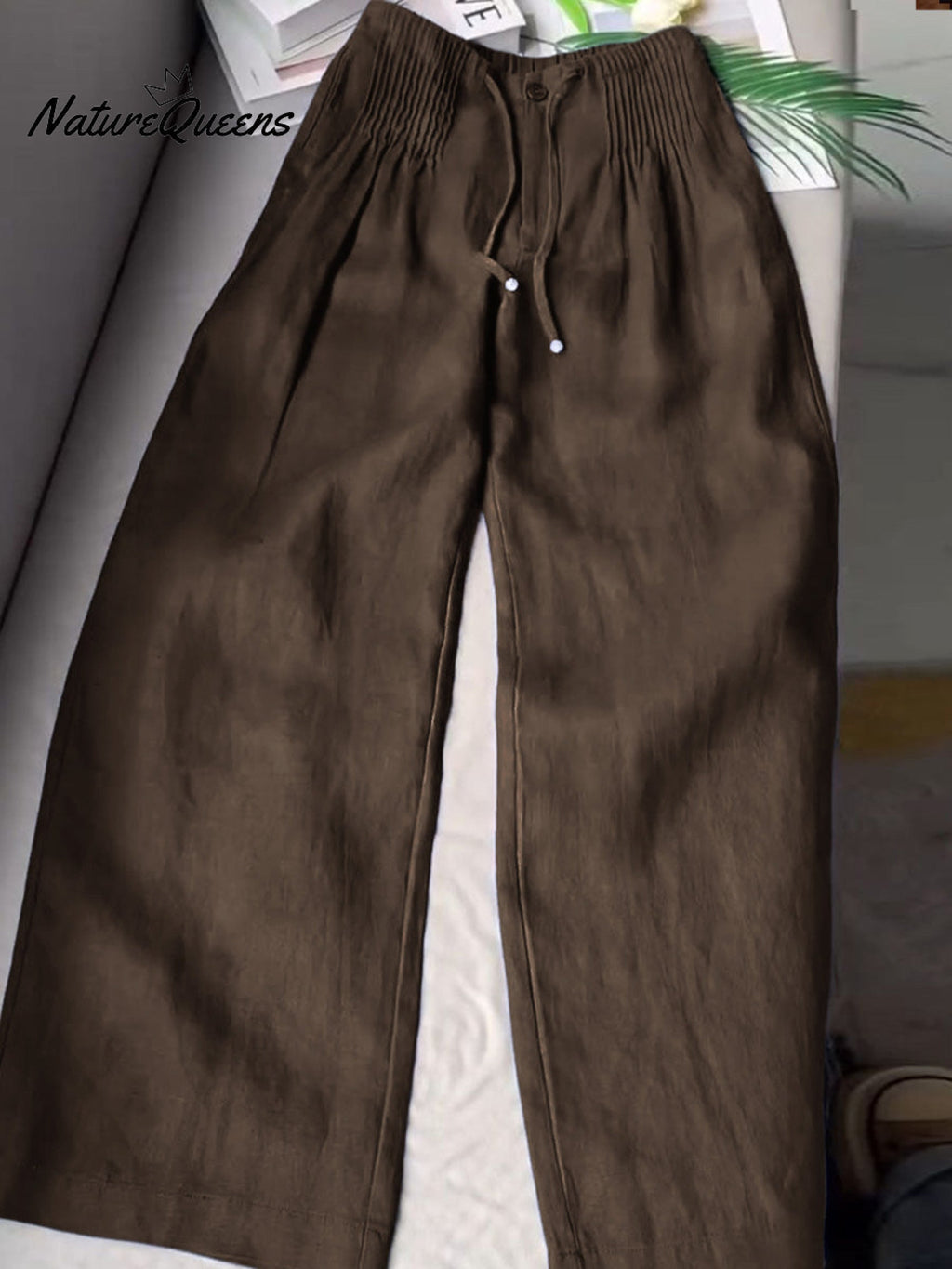 🔥Limited time promotion Women's Solid Color Pleated Drawstring Casual Cotton and Linen Wide Leg Pants