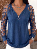 Women's V-neck Hollowed-out Long-sleeved Casual Loose Denim Top