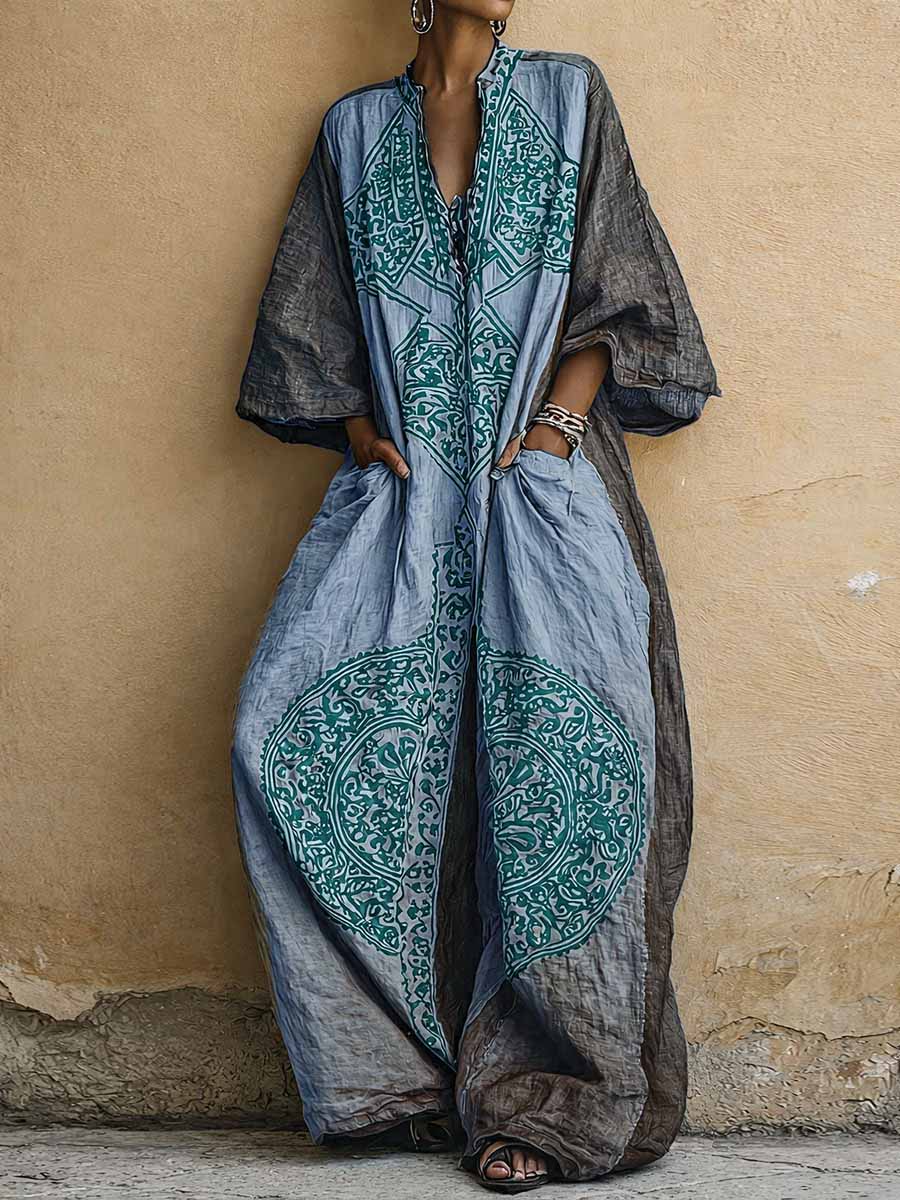Women's Vintage Print V-neck 3/4-sleeve Cotton-linen Jumpsuit