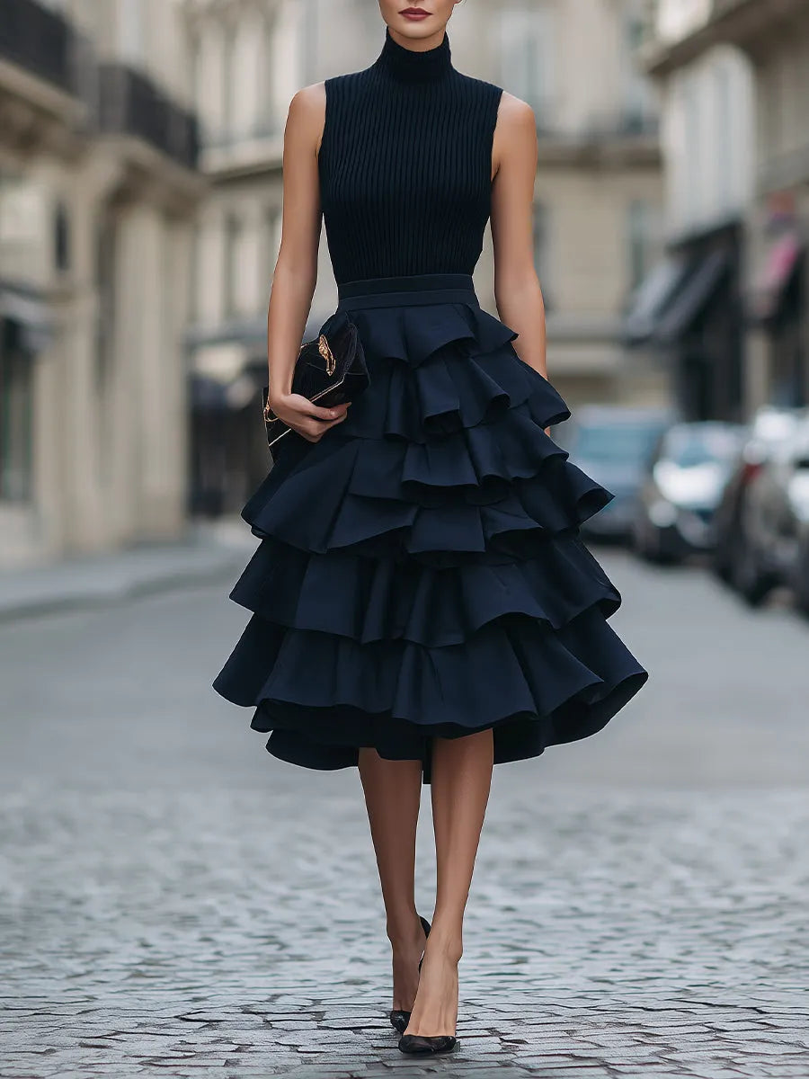 Sleeveless High Neck Tiered Ruffle Midi Dress