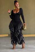 Long Sleeve U‐Neck Layered Fringe Maxi Dress