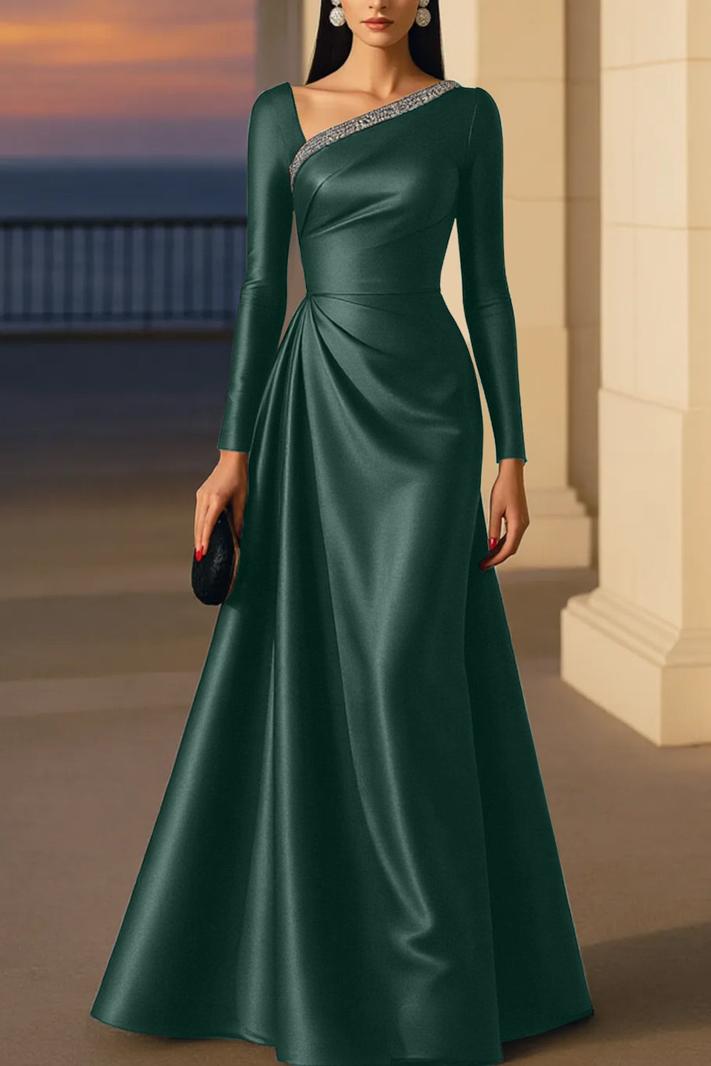 Evening Formal Burgundy Dress Asymmetrical Neck Long Sleeve Maxi Gown
