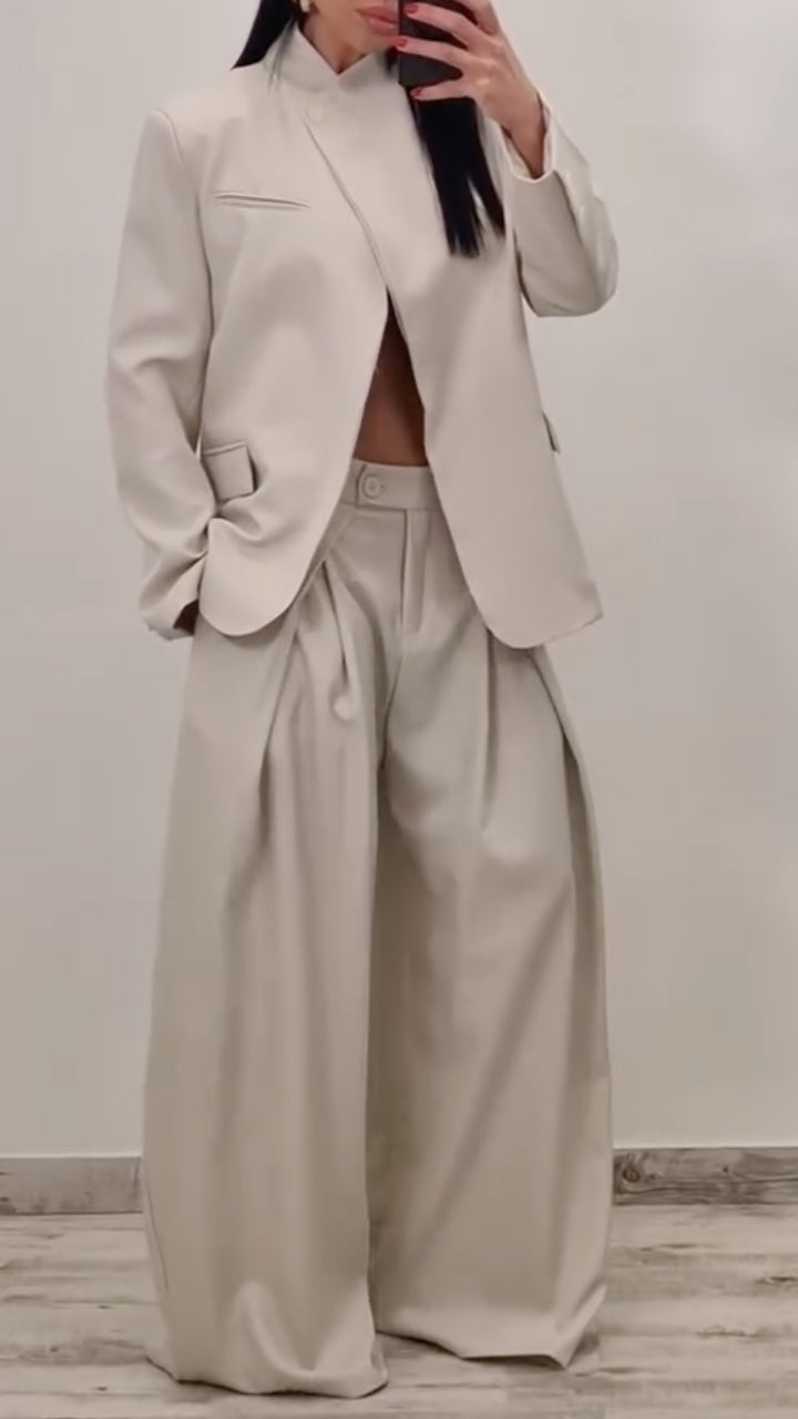 Women's Stand-Up Collar Slit Suit Casual Set