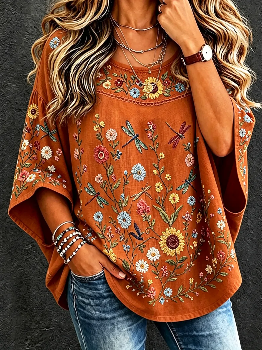 Ladies' Floral Cotton Linen Casual Top