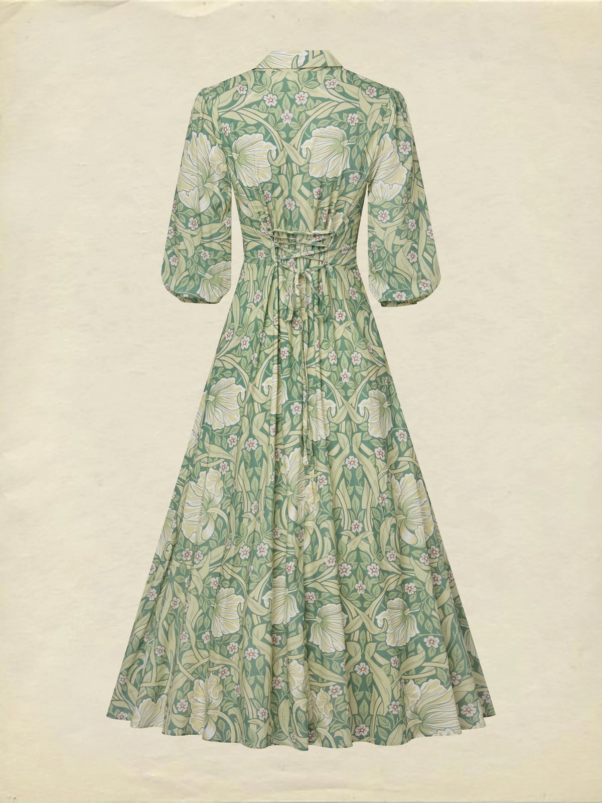 Maxi Linen Dress, Half Sleeve, Lapel Collar, Paisley, Button Design, Vacation, Vintage, Green