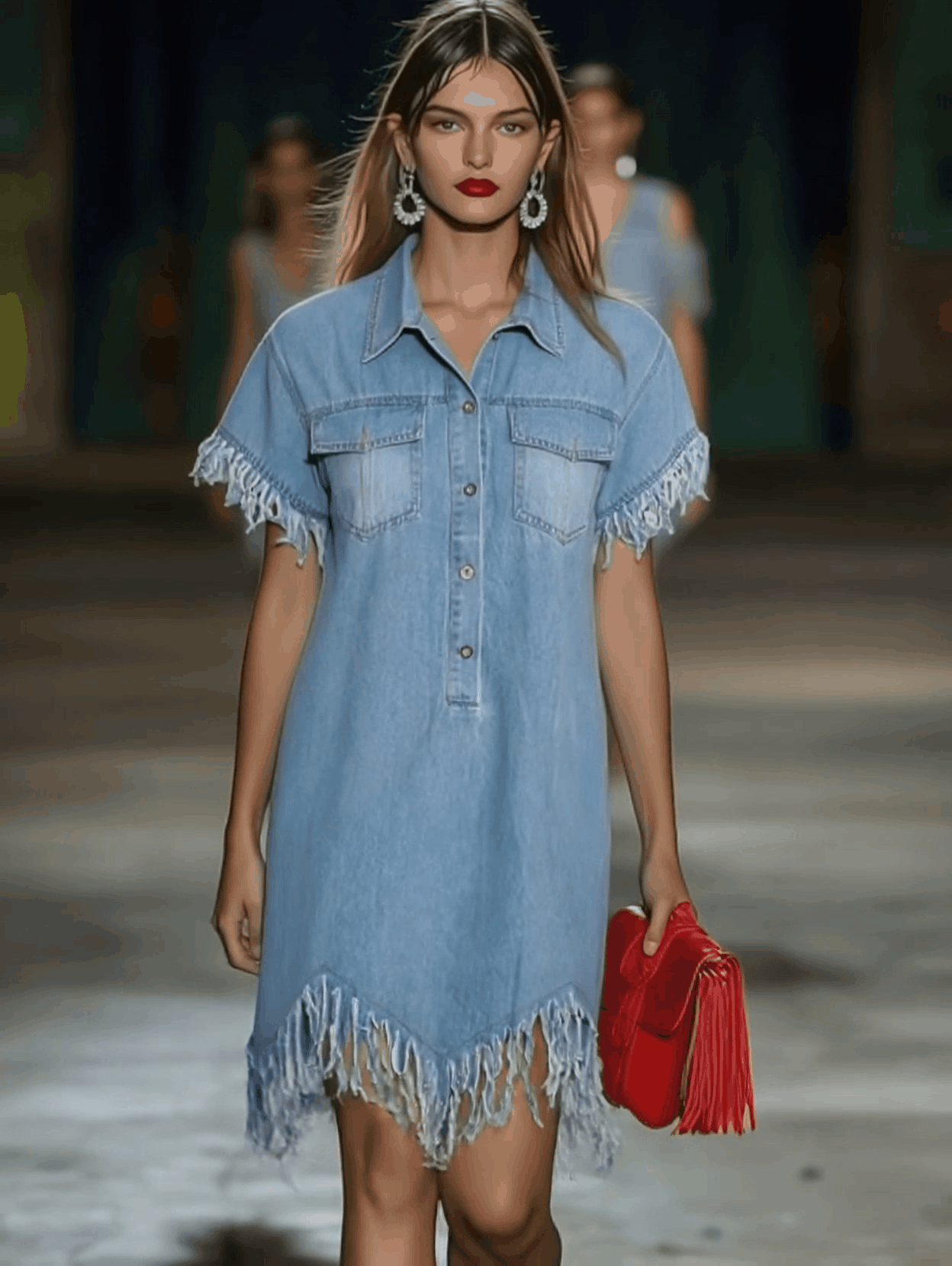 Casual Loose Vintage Denim Short Sleeve Shirt Tassel Mini Dress