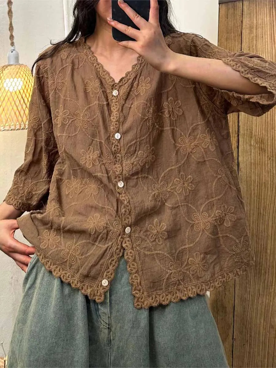 Women's V-neck Half Sleeve Embroidered Cardigan Buttoned Casual Linen Top