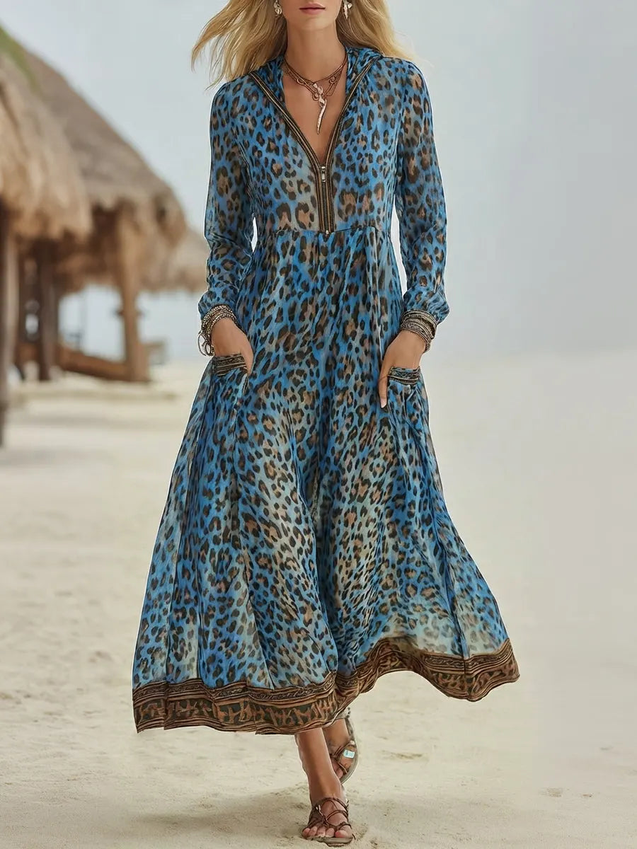 Women's Retro Casual Leopard Print Art Hooded Midi Dress
