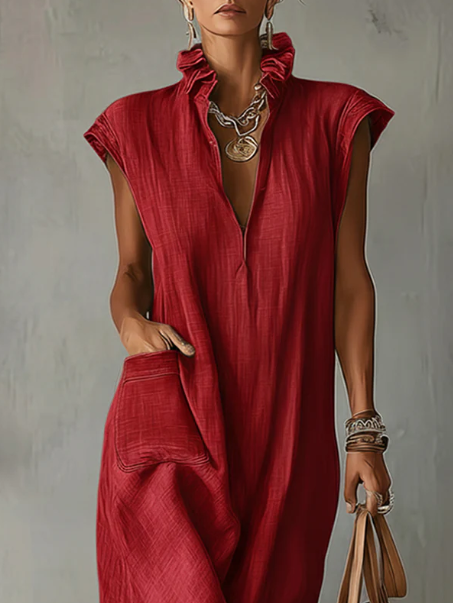 Women’s Ruffle Collar Cotton Linen Midi Dress – Elegant Summer Dress